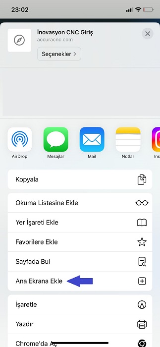 Ana ekrana ekle seçin